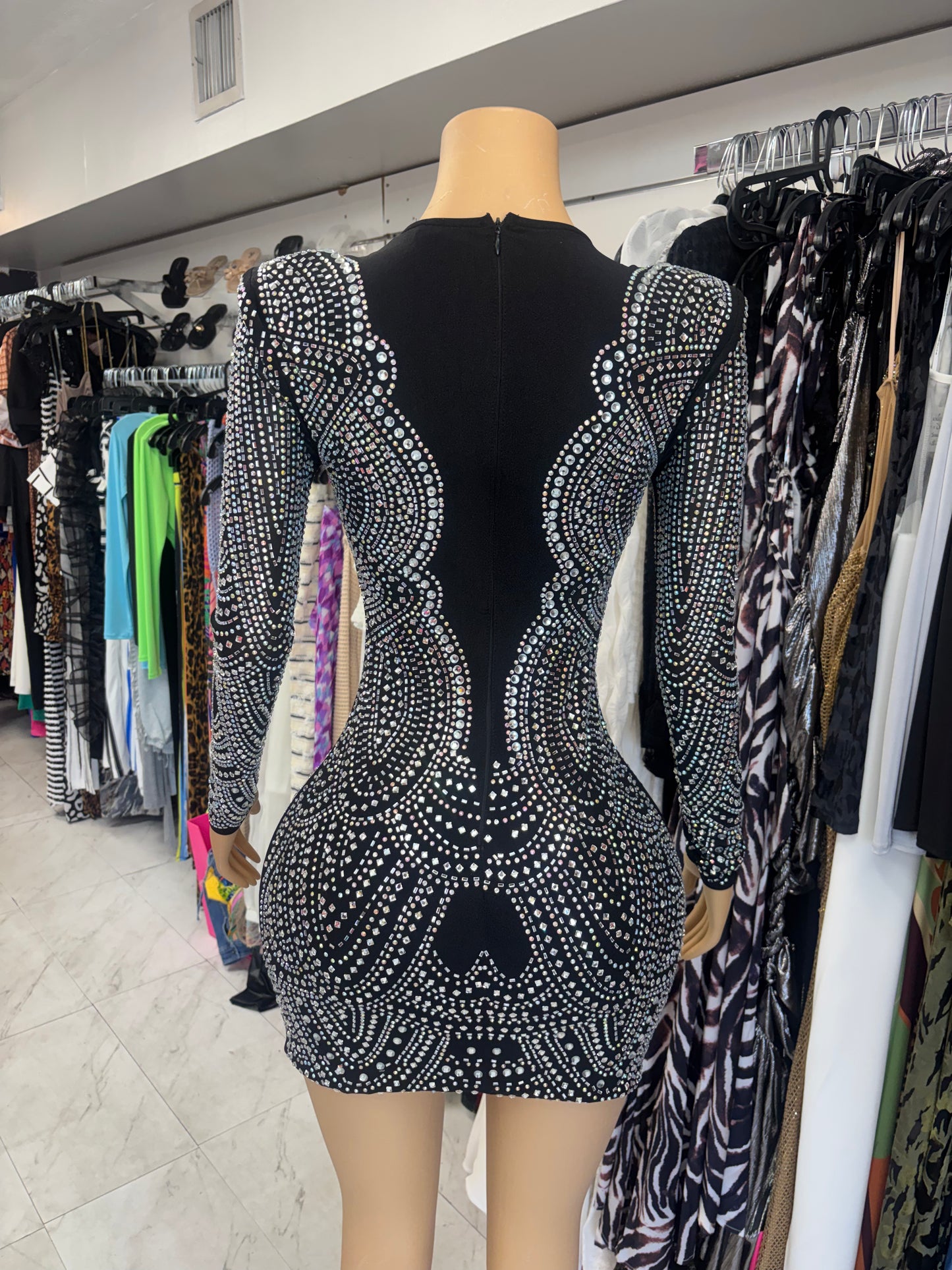 Black Rhinestone Sheer Dress