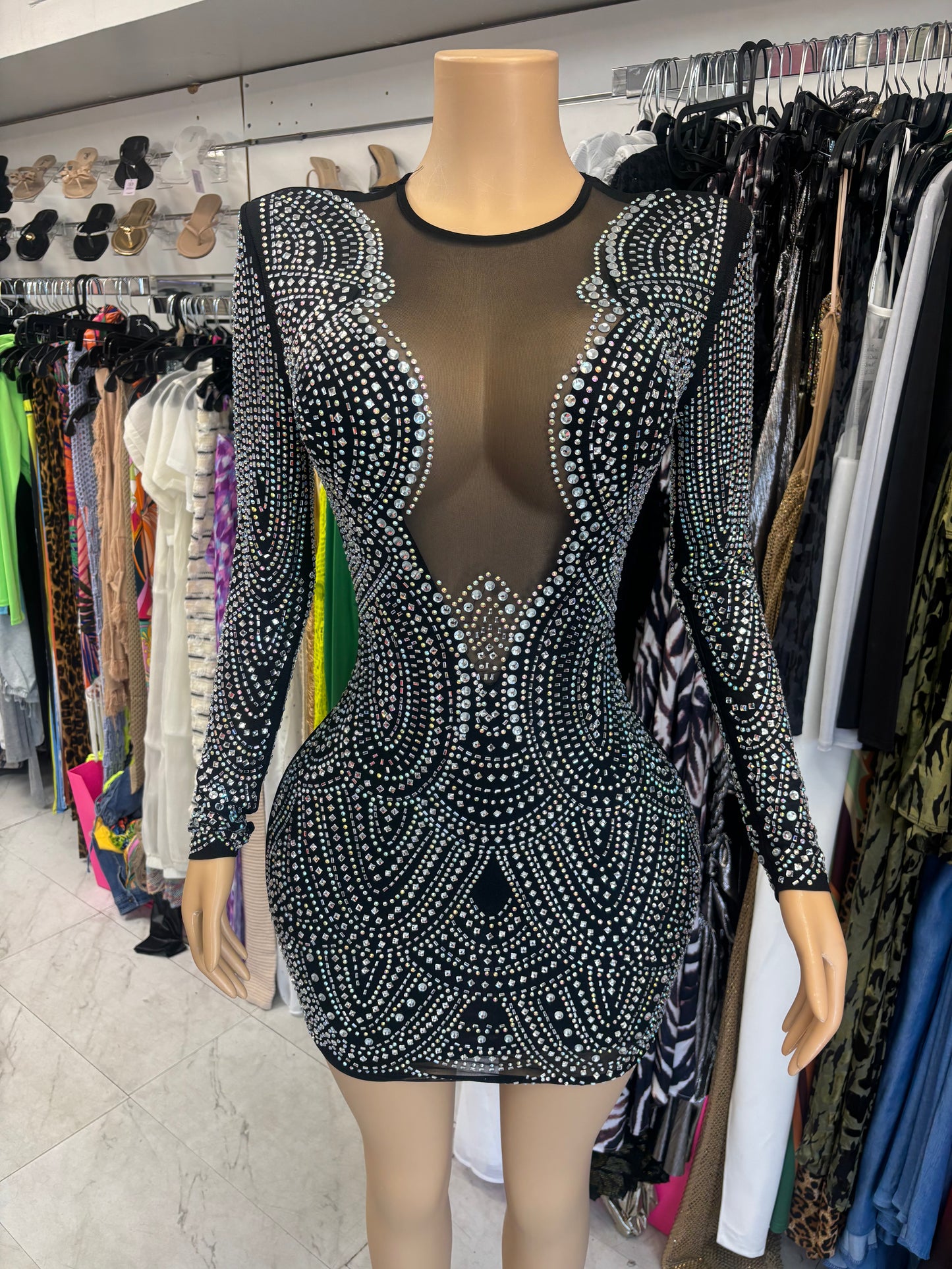 Black Rhinestone Sheer Dress