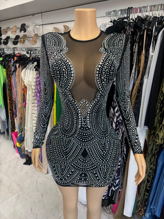 Black Rhinestone Sheer Dress