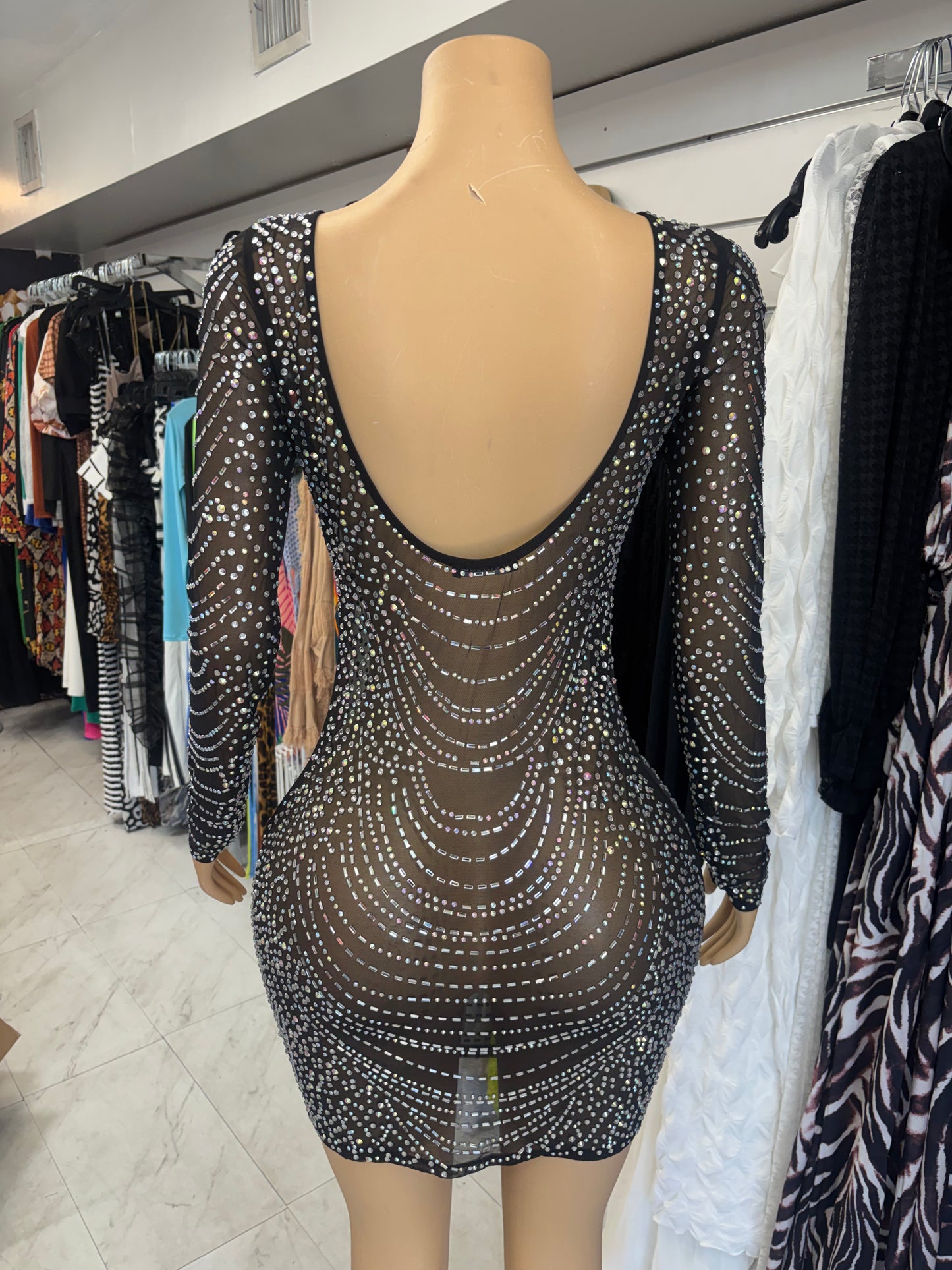 Black Mesh Long Sleeve Rhinestone Dress