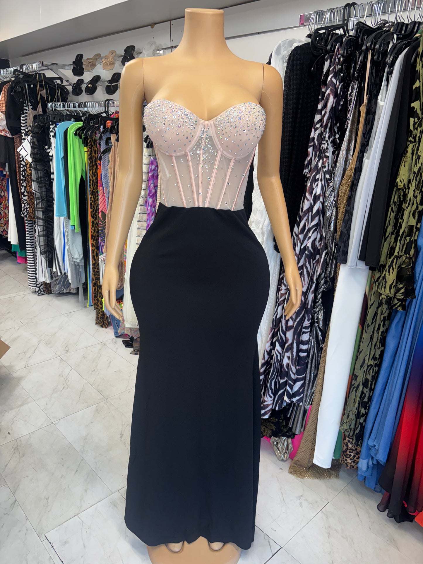 Strapless Pink & Black Rhinestone Dress