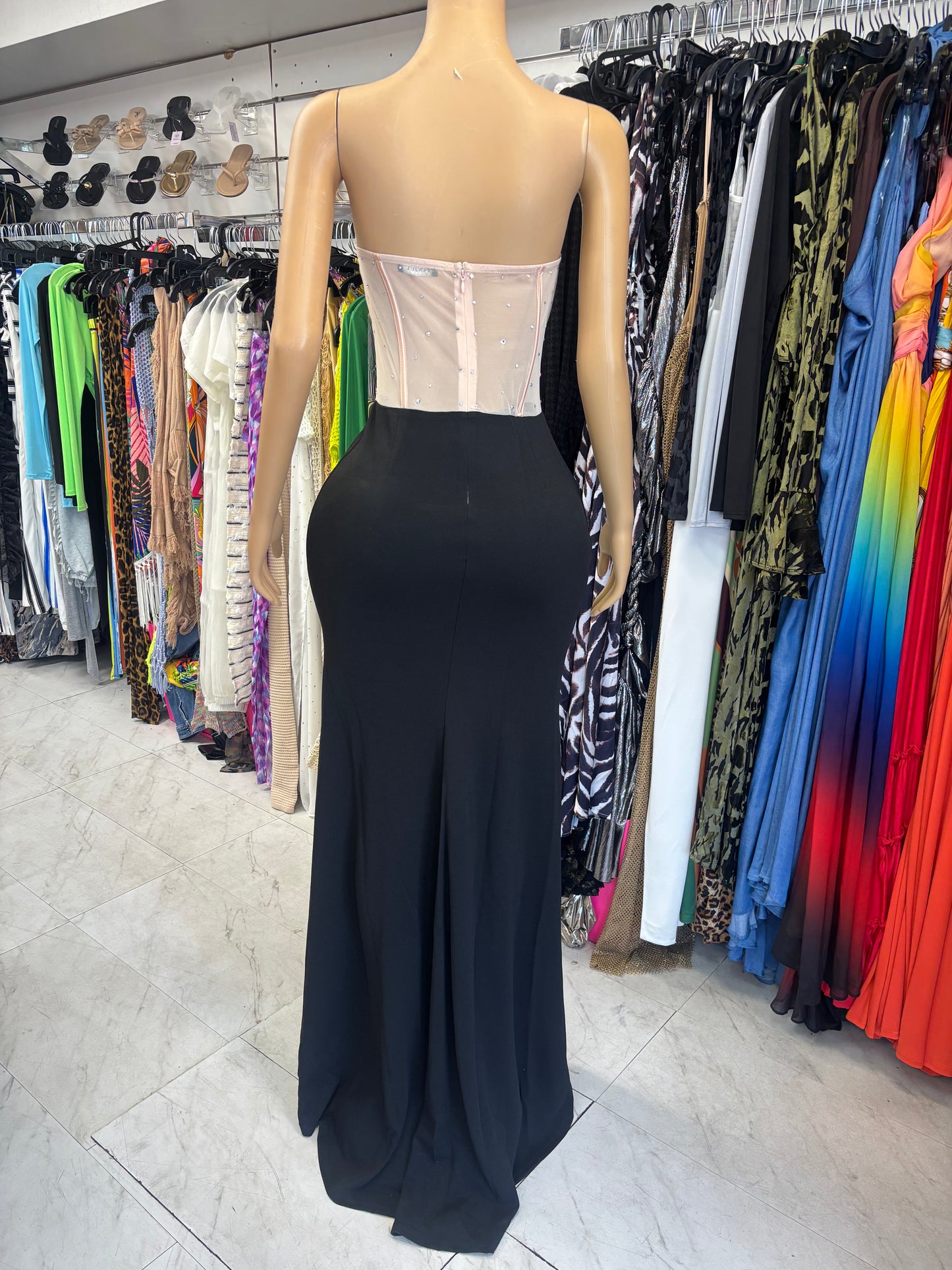 Strapless Pink & Black Rhinestone Dress