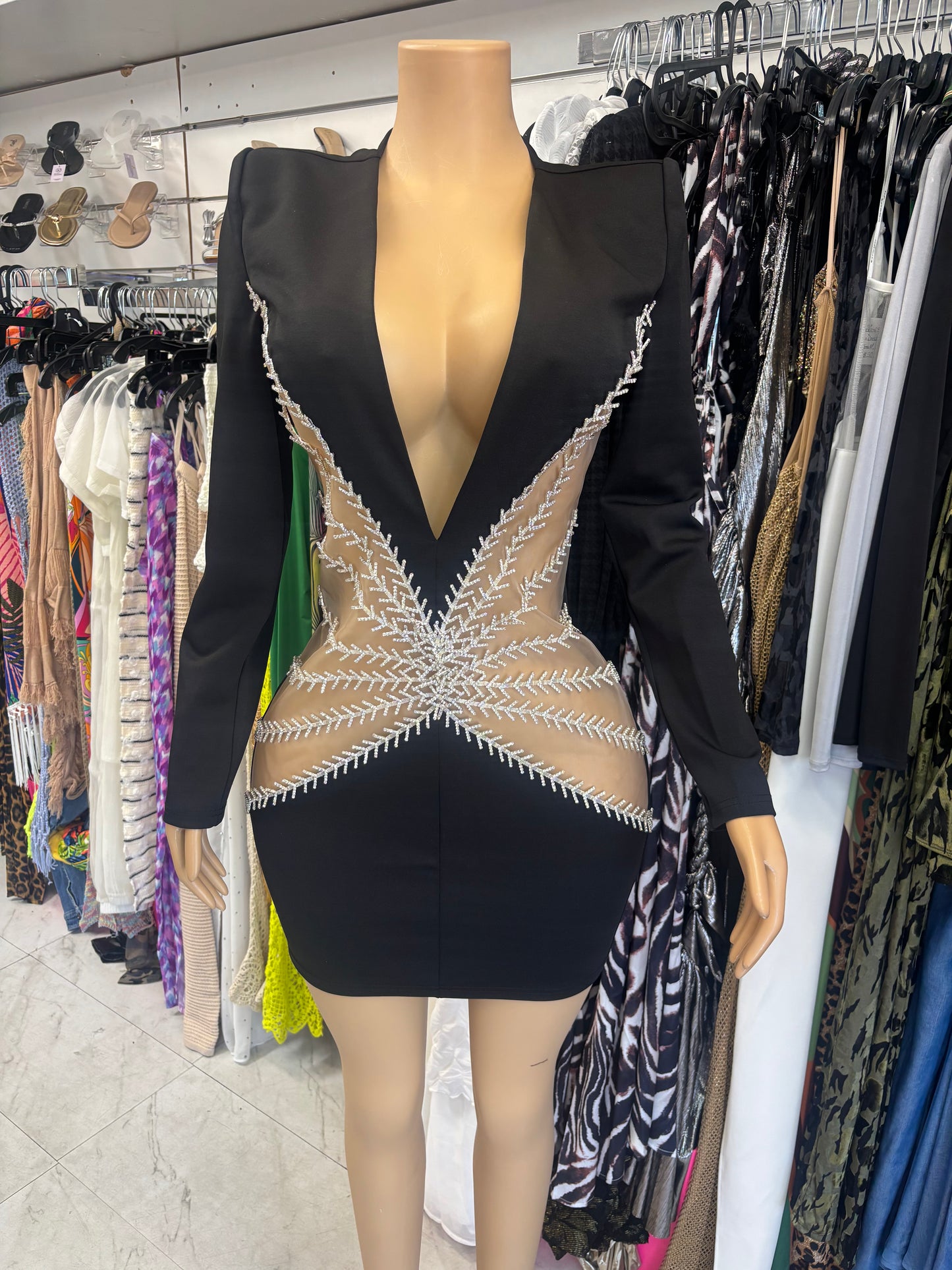 Black V Neck Mesh Crystal Dress