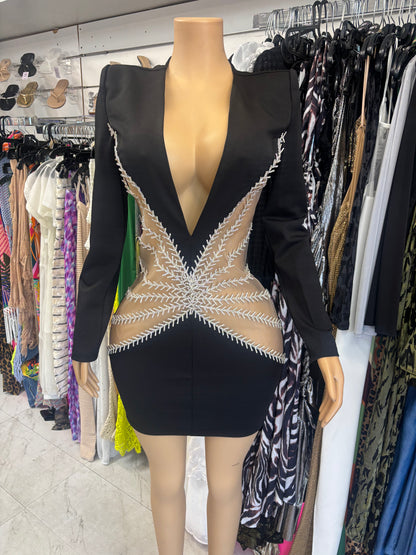 Black V Neck Mesh Crystal Dress
