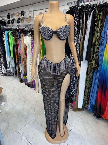 Black Two Piece Rhinestone Sheer Skirt Set