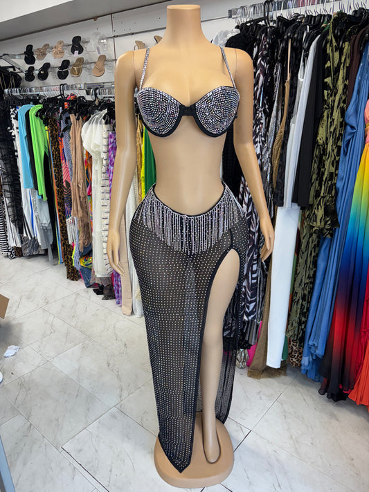 Black Two Piece Rhinestone Sheer Skirt Set