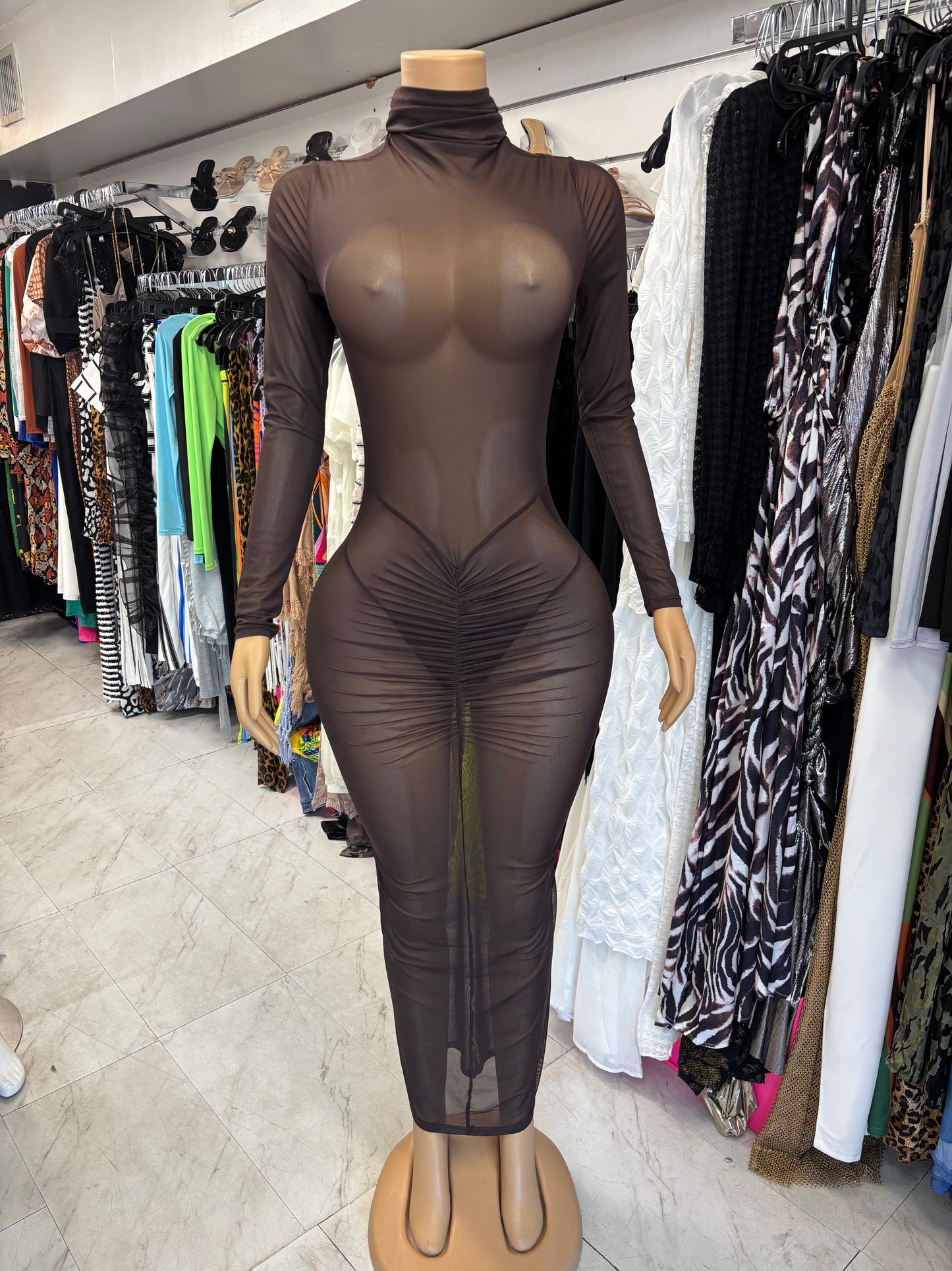 Brown Mesh Two Piece Dress