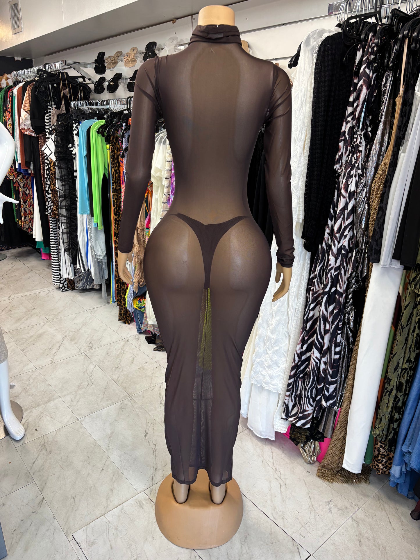 Brown Mesh Two Piece Dress